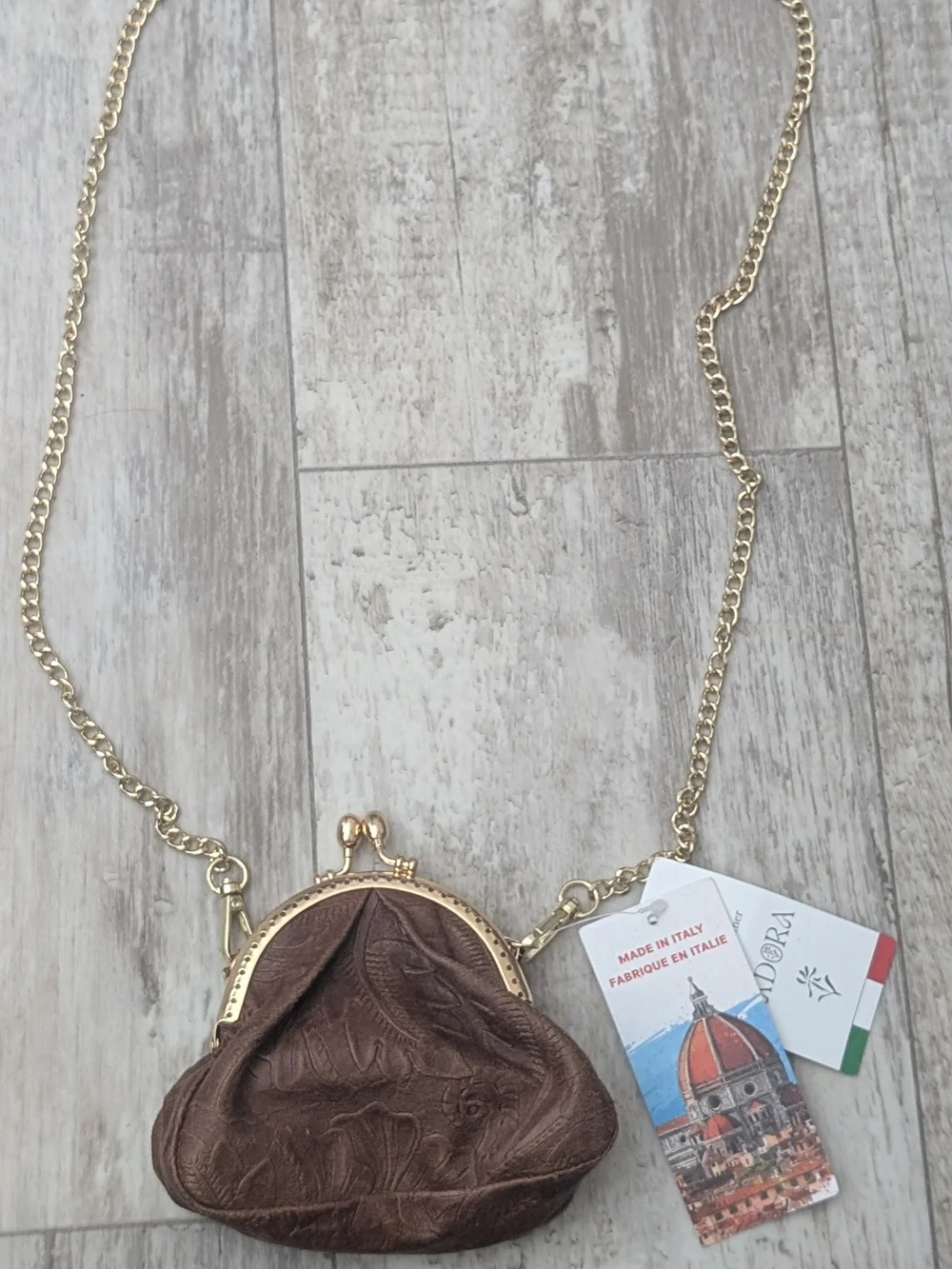 Isadora Made in Italy Brown Genuine Leather Crossbody Bag with Gold Chain